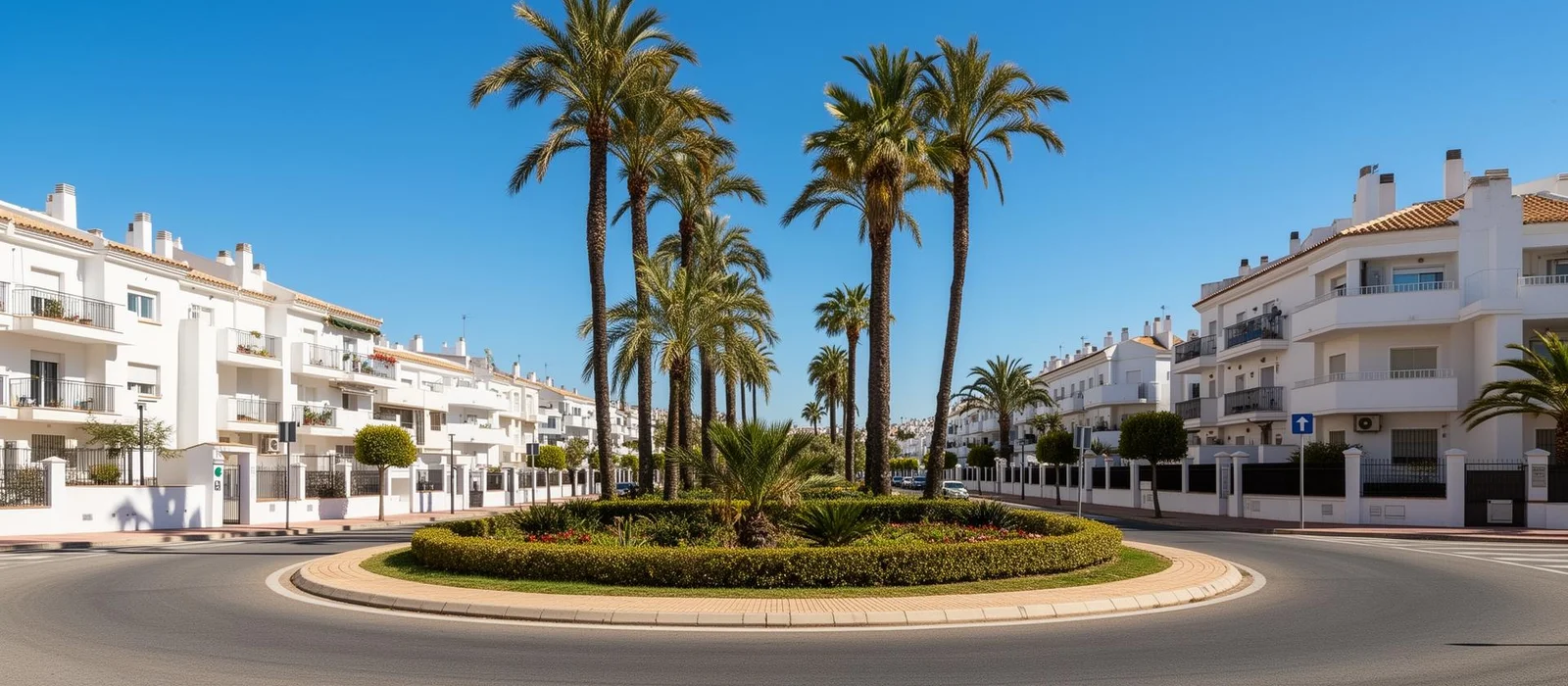 Calle de Tomares con glorieta y palmeras